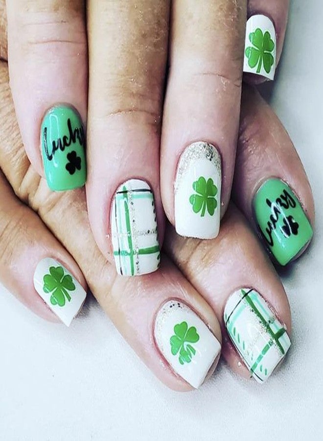 BSBTBZ 24Pcs St. Patrick's Day Press on Nails Medium Square - French Tip Fake Nails with Green Shamrock Irish Design Reusable Natural Stick on Nails Gift for Women DIY St. Patrick's Day Clover Manicure Set - Image 1